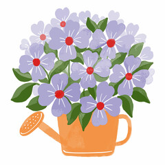 Purple lilac flower watercolor painting in watering can gardening illustration isolated on white background