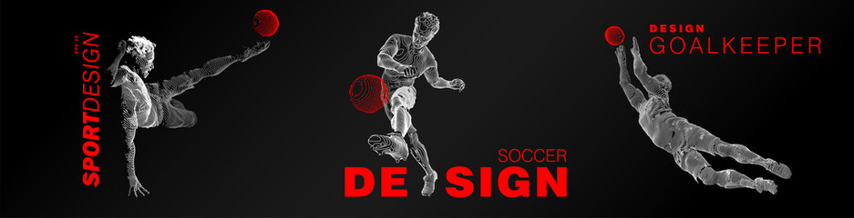 A set of football, soccer players drawing by white lines with text on dark-gray background