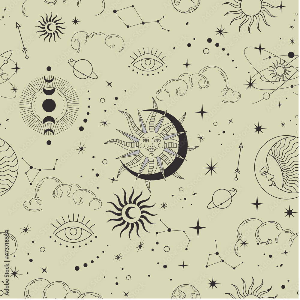Wall mural vector seamless pattern with celestial mystic esoteric magic elements sun moon and clouds different 
