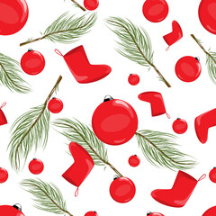 Christmas and Happy New Year seamless pattern with Christmas toys,fir branches and boots.Design, textiles, printing, wallpaper, greeting cards, invitations, posters.