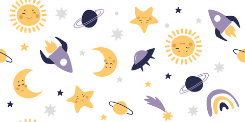 Seamless space pattern with sun, stars and rocket. Cute ornament for fabric, paper, scrapbooking. Space background for a boy, heavenly elements on a white background. Vector illustration.