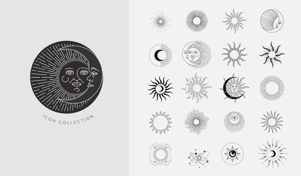 Set of celestial mystic esoteric and magic elements sun and moon with shine and sunburst. Alchemy tattoo object logo template. Vector