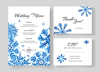 Winter wedding cards design set with watercolor snowflakes. Rsvp, menu, thank you, set. Hand painted.