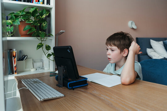 Young Schoolboy Studies From Home.