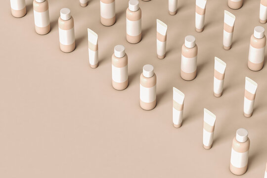 makeup containers standing on a beige background 