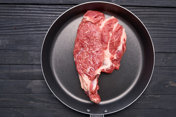 meat steak in a frying pan food ingredients kitchen wooden table