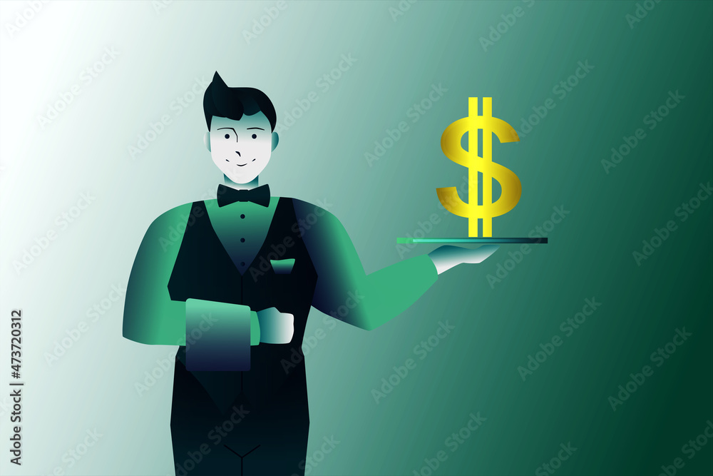 Poster digital image of a clerk man holding tray with a golden dollar sign. money, currency and investment 