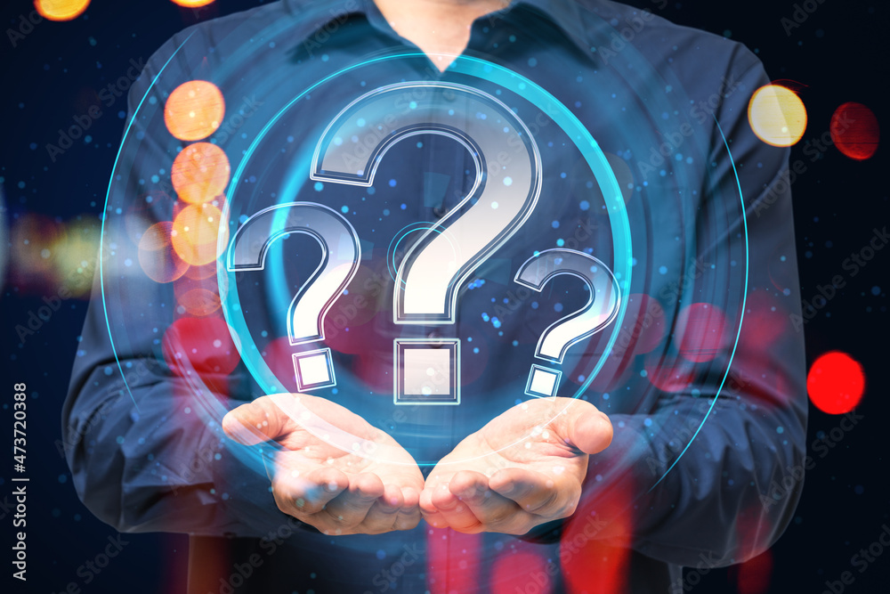 Poster Close up of businessman hands holding glowing round question mark hologram on blurry bokeh background. FAQ and customer service concept. Double exposure.