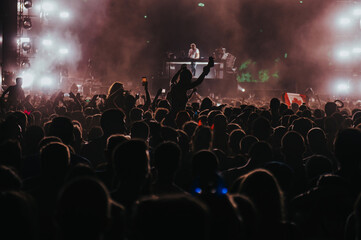 Crowd on a concert having a good time while DJ performing on stage