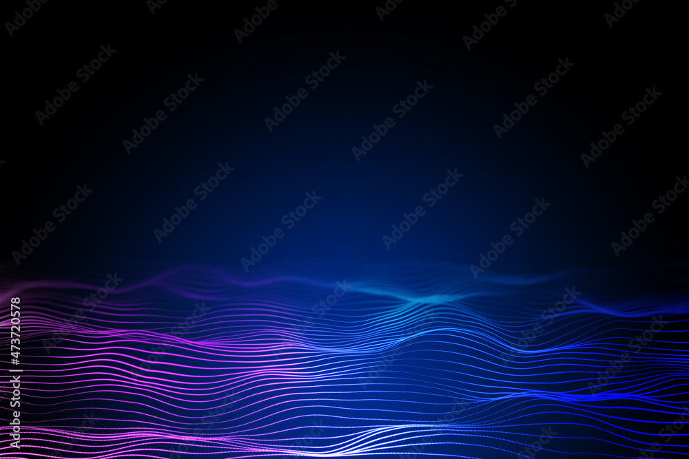 Leinwandbilder Bright digital polygonal wave on dark backdrop with mock up place. Technology and design concept. 3D Rendering.