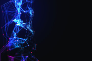 Creative digital polygonal wave on dark backdrop with mock up place. Technology and design concept. 3D Rendering.