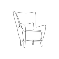 Modern furniture armchair with pillow for home interior in scandinavian style outline contour lines. Simple linear silhouette of comfy chair. Doodle vector illustration