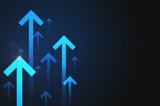Glowing bright blue arrows on dark background with mock up place. Up and trend concept. 3D Rendering.