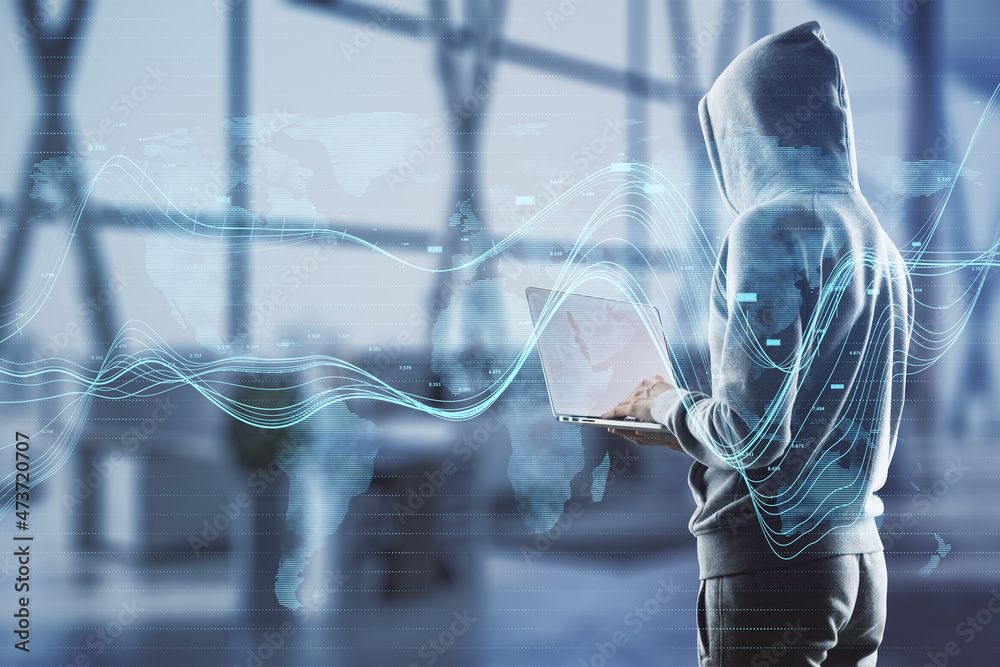 Poster Hacker using laptop in blurry office interior with creative glowing business chart and map hologram on blurry background. Business data, hacking and market concept. Double exposure.