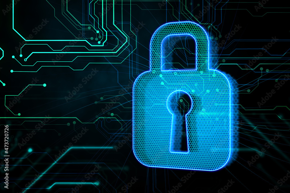 Aufkleber creative glowing blue padlock hologram on dark circuit background. hardware and web safety concept. 