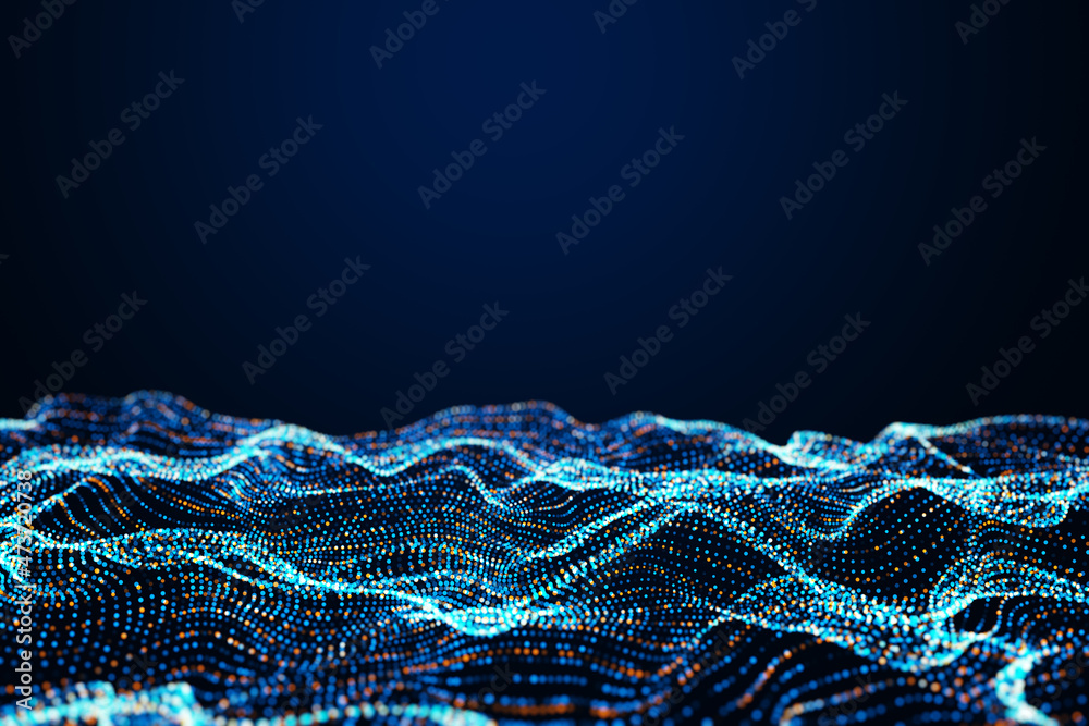 Poster creative digital polygonal wave on dark blue wallpaper with mock up place. technology and design con