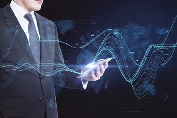 Businessman hand using smartphone with creative glowing business chart and map hologram on blurry background. Business data and market concept. Double exposure.