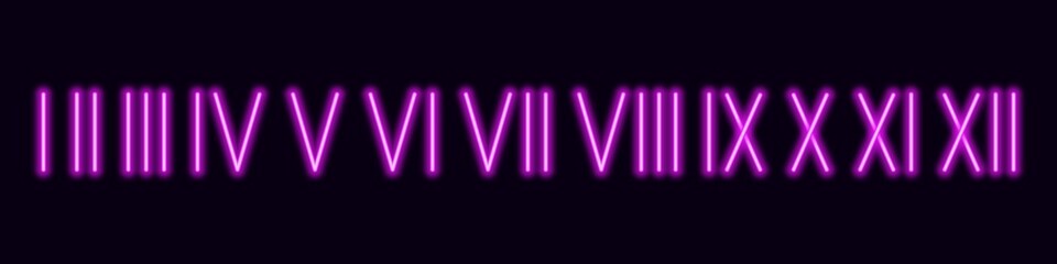 Roman neon numbers. Elegant purple ancient number font 1 to 12 old luxury math for templates and retro vector counting.