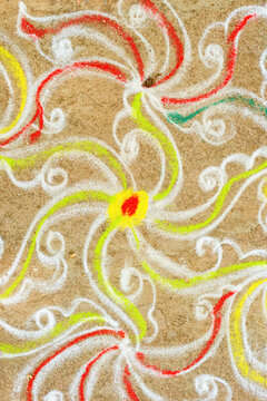 High angle view of rangoli design on footpath at Hampi, Karnataka, India