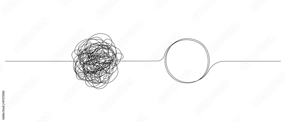 Aufkleber Chaotically tangled line and untied knot in form of circle. The concept of solving problems is easy. Doodle vector illustration
