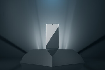 Abstract gray podium for product placement with modern smartphone. Presentation concept. 3D Rendering.