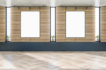 Modern wooden gallery interior with designer windows, decorative plants and empty white mock up poster on wall. Exhibition and art concept. 3D Rendering.
