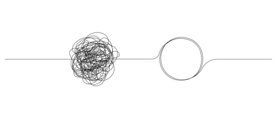 Chaotically tangled line and untied knot in form of circle. The concept of solving problems is easy. Doodle vector illustration - obrazy, fototapety, plakaty