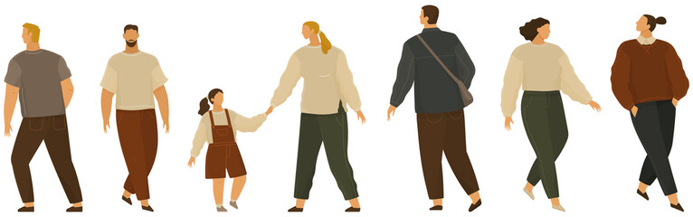 Vector people icons. Isolated flat male and female characters on white background, group of people. Man and woman, mother with child different person walking at city streets, human figures for design