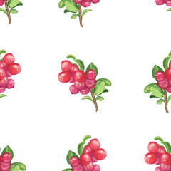 Aquarelle Lingonberry seamless pattern on white background. Watercolor hand drawing illustration. Red berry with green leaves.
