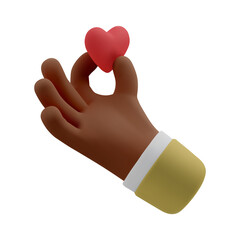 3d icon red heart in hand. Vector cartoon black skinned fingers holding gesture. Realistic illustration of donation, love or charity for social media
