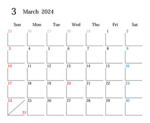 2024年3月、日本のカレンダー	