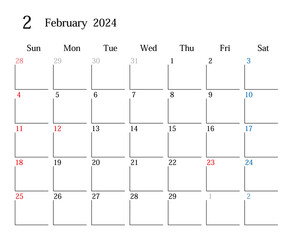 2024年2月、日本のカレンダー	