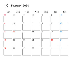 2024年2月、日本のカレンダー	