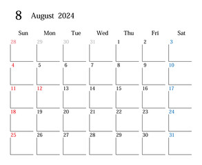 2024年8月、日本のカレンダー	