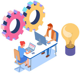Project planning, deadline and time management concept. Business team has meetings and discusses new office timetable. People analyze plan, schedule. Work schedule planning vector illustration
