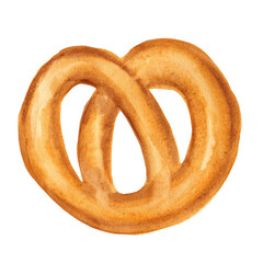 Appetizing pretzel with baked crust, a crisp biscuit baked in the form of a knot. Bakery item, twisted bun, cookie, homemade baking for breakfast, coffee and tea time. Watercolor illustration.
