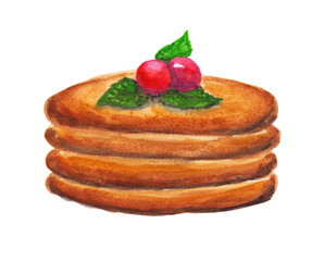 Stack of pancakes decorated with red berries and green mint leaves. Homemade baking for breakfast, coffee and tea time. Hand drawn watercolor illustration.