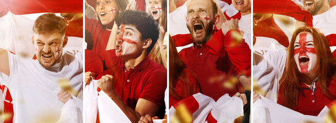 Collage made of images with emotional football, soccer fans cheering their team with a red scarfs...
