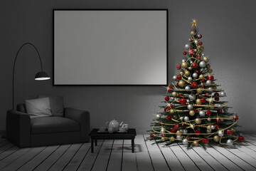 Fototapeta premium Illustrazione 3D. Nel salotto di casa vi è l'albero di Natale, sotto il quale vi sono i regali di Natale.