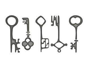 Key set old vintage hand drawn style doodle, isolated, white background.