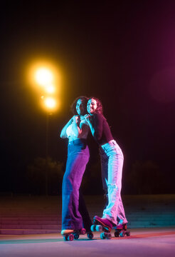 Roller skaters looking at camera