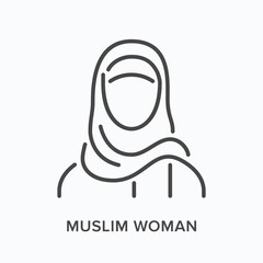 Muslim woman flat line icon. Vector outline illustration of lady in hijab. Black thin linear pictogram for arabian female