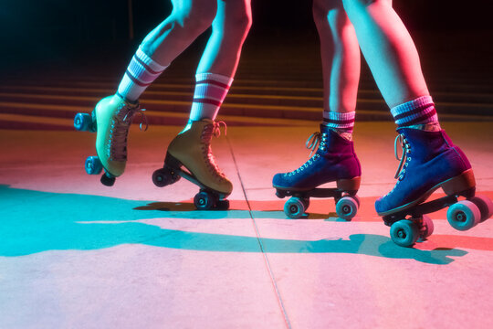 Dancing female roller skaters
