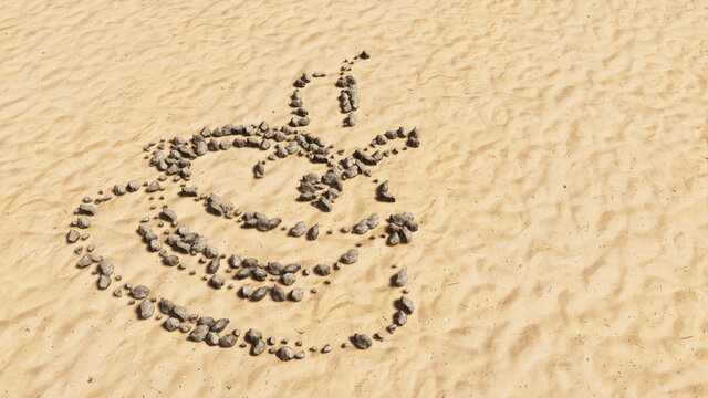 Concept conceptual stones on beach sand handmade symbol shape, golden sandy background, hot cup of tea sign. A 3d illustration metaphor for traditional medicine, relaxation, health and diet