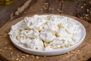 cottage cheese on a white plate close-up on a wooden background