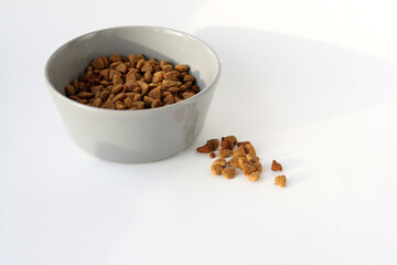 Dry pet food in a stylish gray bowl on a white background. Organic grain food for dog or cat with meat flavour. 