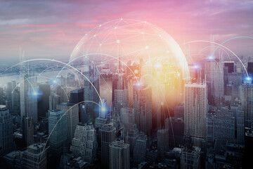 2022 Year of Global digital virtual technology with The city in dark color background. Of free space for copy and branding. 3D illustration - Elements of this Image Furnished by NASA.