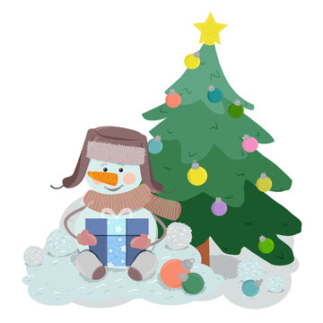 Cute cartoon snowman in hats with a gift.