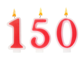 Burning red birthday candles isolated on white background, number 150.