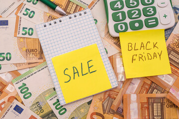 Text Sale and black Friday on sticker  with euro money for best shopilng